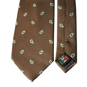 Gianfranco Italy Mens Silk Necktie Brown Teal Paisley Micro Grid Made in Italy